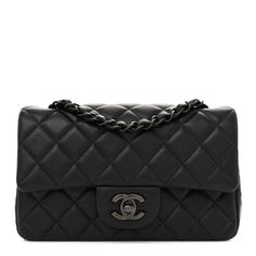 This is an authentic CHANEL Lambskin Quilted Mini Rectangular Flap in So Black. The chic mini crossbody classic is crafted of soft quiltedlambskin leather in black. The bag features a black chain link leather threaded shoulder strap and a black classic CC turn lock. This opens the flap to a black leather interior with zipper and patch pockets. Leather Thread, Black Chain, Mini Crossbody, Leather Interior, Lambskin Leather, The Chic, Patch Pocket, Chain Link, Shoulder Strap