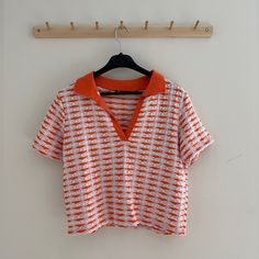 Zara Collared Knit Short Sleeve Top Never Worn - Size Small Orange 70s Style Polo Collar Knit Top Collared Knit Top, Knit Short Sleeve Top, Preppy Summer, 70s Style, Knit Short, Knit Shorts, Polo Collar, 70s Fashion, Zara Tops