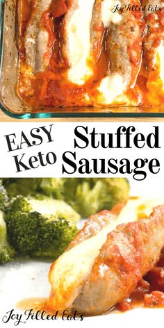 an easy keto stuffed italian sausage casserole with broccoli on the side