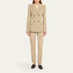 Michael Kors Collection "Georgina" tailored blazer Peak lapels; double-breasted Long sleeves; button cuffs Chest welt pocket; hip flap pockets Dart waist Virgin wool Made in Italy Tailored Double-breasted Button Fastening Pantsuit, Double Breasted Suit With Concealed Placket For Work, Office Pantsuit With Lapel Collar And Double-breasted Button, Classic Double-breasted Fall Pantsuit, Double-breasted Blazer With Pressed Crease For Office, Double-breasted Blazer For Office With Pressed Crease, Double-breasted Business Casual Pantsuit, Tailored Double-breasted Pantsuit, Classic Double-breasted Pantsuit For Fall