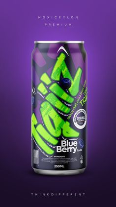 a can of blue berry soda on a purple background with the words, innovation premium