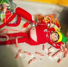 an elf laying on the floor next to candy canes and lollipops