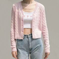 Long Sleeve Knitted Top, Trendy Summer Fits, Slim Girl, Pink Cardigan, Cable Knit Cardigan, Fashion Graphic, Knitted Top, Moda Vintage, Long Sleeve Knit Tops