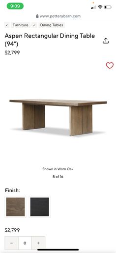 an advertisement for a dining table with different colors and sizes on the front, including brown wood