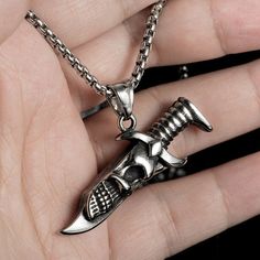 Mens Stainless Steel Dagger Sword Skeleton Skull Pendant Necklace Biker Jewelry | eBay Biker Necklace Men, Dagger Necklace Men, Punk Skull Shaped Stainless Steel Necklace, Punk Skull Necklace In Stainless Steel, Gothic Skull Necklace With Chain, Knife Necklace, Dagger Necklace, Vintage Skull, Biker Jewelry