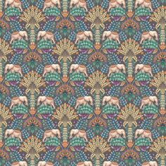 an elephant pattern with leaves and flowers on the back ground, it is very colorful