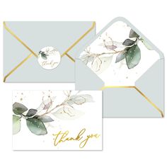 two envelopes with gold foil and leaves on them, one has the words thank you