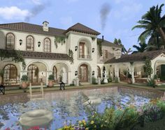 an artist's rendering of a mansion with a fountain