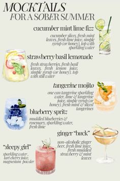 the cocktails for summer are shown in this poster