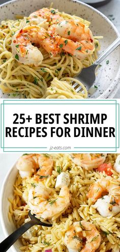 shrimp pasta in a white bowl with text overlay that reads 25 best shrimp recipes for dinner