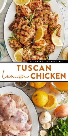 Look forward to this easy spring meal! Grilled in an olive oil marinade with rosemary, thyme, and garlic, this Tuscan lemon chicken recipe is tender, juicy, and flavorful. Put this Tuscan chicken on your springtime dinner ideas! Tuscan Lemon Chicken, Tuscan Chicken Recipe, Lemon Chicken Thighs, Lemon Chicken Recipe, Tuscan Chicken, Mediterranean Diet Recipes, Chicken Dishes Recipes, Spring Recipes