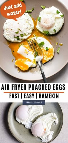 an image of eggs on a plate with the words air fryer poached eggs fast easy ramekin