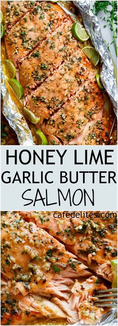 honey lime garlic butter salmon in foil on a plate