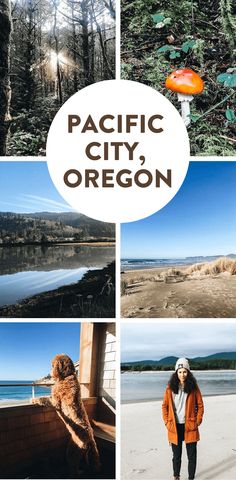 the pacific city, oregon collage is featured in this postcard with photos from different places