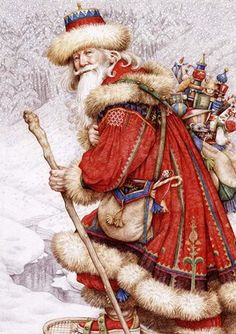 a painting of a santa claus holding a cane and wearing a red outfit with snow on the ground