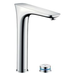 a chrome faucet with a blue stripe on the side and a white background