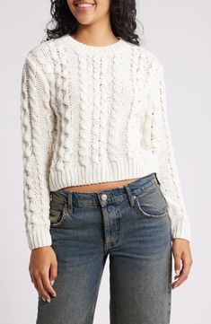 Add some sass to sweater season with a crewneck option knit with chunky cables in an abbreviated length. 20" length (size Medium) Crewneck Long sleeves Ribbed cuffs and hem 100% polyester Dry clean Imported Sweater Season, Crop Sweater, Cropped Sweater, Sweater Top, Cable, Dry Clean, Nordstrom, Womens Tops, Off White