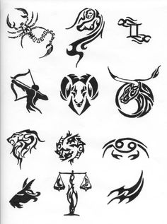 an image of various tattoos on a white background, including symbols and designs for different types of tattoos