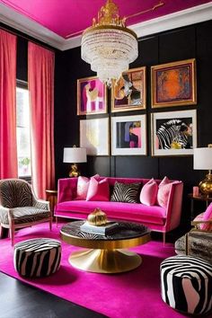 pink and black living room with zebra print on the walls, chandelier and chairs