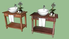 two sinks are shown in front of a green background with flowers on the counter top