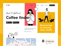 the website design for coffee finder is displayed on a yellow and white background, with an image of a woman walking