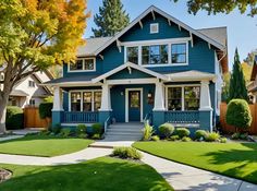 a blue and white house with trees in the front yard