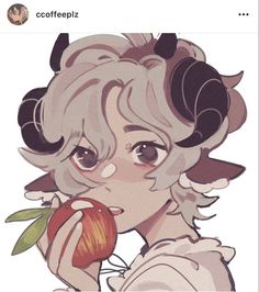 an anime character with horns on her head holding an apple and looking at the camera