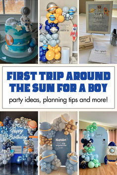 A fun and vibrant first trip around the sun space theme first birthday party setup for a boy, featuring colorful decorations, an astronaut cake, and starry accents. First Birthday Theme Boy, Baby Boy Themes, Baby Boy First Birthday, First Birthday Party Themes, First Birthday Themes