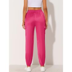 Master the chic look while staying comfy with the High Waist Satin Cargo Pants. The soft satin fabric shapes the stylish pants with an elasticized, drawstring waist and loose straight legs. Elastic waist with matching color drawstring, and relaxed elastic cuffs at the ankles, easy to pull on and take off. Two cargo pockets make you look cool. Spring Pink Stretch Cargo Pants, Pink Stretch Cargo Pants For Spring, Pink Stretch Pants With Side Pockets, Pink Stretch Trendy Joggers, Trendy Stretch Pink Joggers, Spring Pink Cargo Pants With Elastic Waistband, Trendy Pink Stretch Joggers, Trendy Pink Pants With Side Pockets, Sporty Pink Cargo Pants For Spring