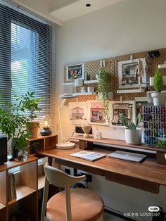 a desk with some plants and pictures on the wall behind it in front of a window