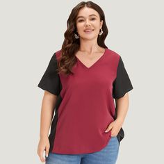 Shop Colorblock Contrast Patchwork V Neck Blouse now and redefine your style with confidence at BloomChic. Tailored for mid and plus-size women. This trendy Tops Women, sizes 10-30. Season:Summer;Color:Multicolor;Style:Elegant;Pattern Type:Plain;Neckline:V-neck;Sleeve Type:Regular Sleeve;Details:Patchwork, Plain;Pocket:No-pocket;Snap Fastener:No-snap fastener Summer Workwear Color Block Tops, Color Block Blouse For Work, Color Block Blouse For Workwear, Workwear Color Block Blouse, Black Color Block Short Sleeve Blouse, Red V-neck Color Block Tops, Womens Trendy Tops, V Neck Blouse, Womens Clothing Sizes