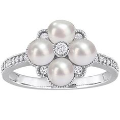 Adorned with luminous freshwater cultured pearls and diamond accents, this Stella Grace 14k white gold cluster ring is an eye-catching accessory you'll love. Adorned with luminous freshwater cultured pearls and diamond accents, this Stella Grace 14k white gold cluster ring is an eye-catching accessory you'll love. Nickel free Metal: 14k white gold Packaging: boxed Plating: rhodium Width: 11.5 mm Finish: polishedDIAMOND DETAILS Total weight: 1/6 ct. Color grade: G-I Clarity: 12-13 Shape: round Se Classic Cluster Pearl Ring For Wedding, Anniversary Fine Jewelry Pearl Cluster Ring, Classic Wedding Pearl Ring With Cluster Shape, Fine Jewelry Cluster Pearl Ring For Anniversary, White Cluster Pearl Ring For Wedding, Gold Packaging, Freshwater Cultured Pearls, Diamond Cluster Ring, Diamond Cluster