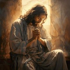 a painting of jesus sitting in front of a window with his hands clasped to his chest