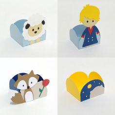 four different types of paper cut out of animals and people in the shape of boxes