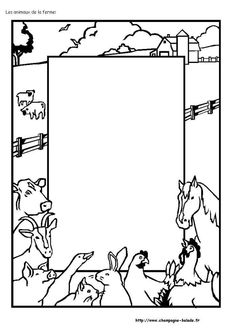 a coloring page with horses and cows in the background, including an empty sheet for text