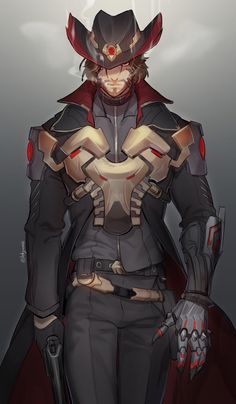 an anime character in armor with red eyes and long hair, standing on a gray background