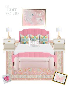 a bedroom with pink bedding, pillows and pictures on the wall next to it