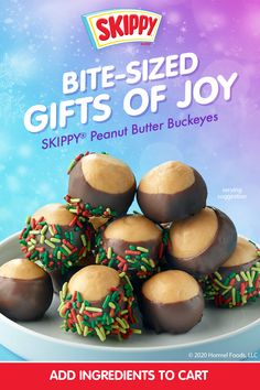 an advertisement for skippy's christmas treats with chocolate covered cookies and sprinkles