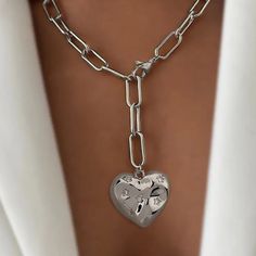 Large Link Silver Tone Chain Necklace. Heart Shaped Pendant With Rhinestone Accents. Unusual And Fun Style! Nwot! Heart-shaped Alloy Chain Necklace, Silver Heart-shaped Chain Necklace For Parties, Heart-shaped Metal Chain Necklace With Heart Charm, Adjustable Heart Chain Necklace In Alloy, Heart-shaped Alloy Chain Necklace With Adjustable Chain, Adjustable Heart-shaped Alloy Chain Necklace, Valentine's Day Silver Heart Necklace With Chunky Chain, Valentine's Day Heart Necklace With Chunky Chain, Chunky Chain Heart Metal Necklace