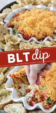 a close up of a plate of food with the words blt dip on it