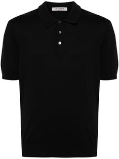 black cotton fine knit polo collar short sleeves ribbed cuffs and hem straight hem front button placket Black Polo Collar Sweater For Work, Classic Black Polo Sweater With Button Closure, Black Polo Shirt With Ribbed Collar, Black Polo Sweater With Collared Neckline For Workwear, Modern Black Polo Shirt With Collared Neckline, Classic Black Collared Polo Shirt, Black Polo Shirt With Button Closure, Classic Black Polo Sweater For Work, Classic Black Polo Sweater With Johnny Collar