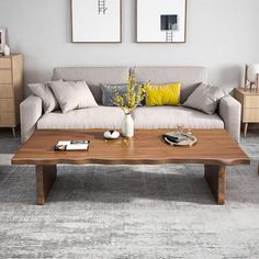 a living room with two couches, a coffee table and pictures on the wall