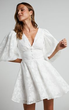 Jammae Mini Dress - Puff Sleeve Dress in White | Showpo USA White Dress With Sleeves, Engagement Photo Dress, Confirmation Dresses, Rehearsal Dinner Outfits, Getaway Dress, Rehearsal Dinner Dresses, Puff Sleeve Mini Dress