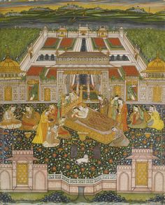 Attributed to Faizullah. Lovers on a Terrace. Opaque watercolor heightened with gold on paper, India, Lucknow, ca. 1760 Miniature Painting Indian, Indian Scenery, Ancient Indian Paintings, Krishna And Radha, Painting Indian