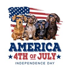 four dachshunds wearing sunglasses and the words america 4th of july in front of an american flag