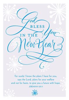 a blue and white christmas card with the words god bless in the new year