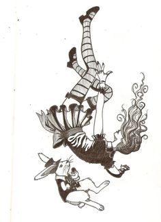 an ink drawing of two people flying through the air