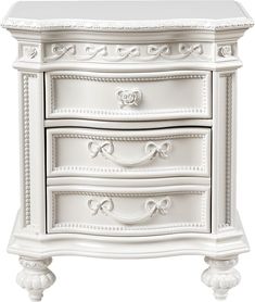 an ornate white dresser with drawers and knobs on the front, is shown against a white background