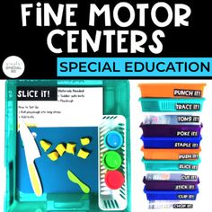 the fine motor centers special education book is open to show it's contents and instructions