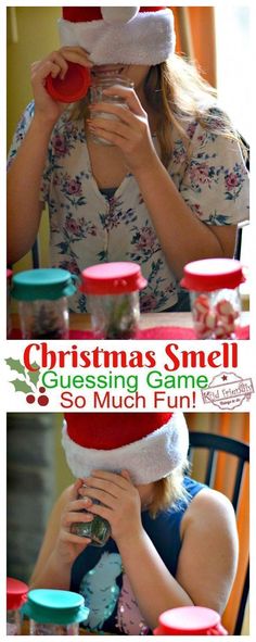 a woman sitting at a table wearing a santa hat and drinking from a cup with the caption christmas smell guess game so much fun